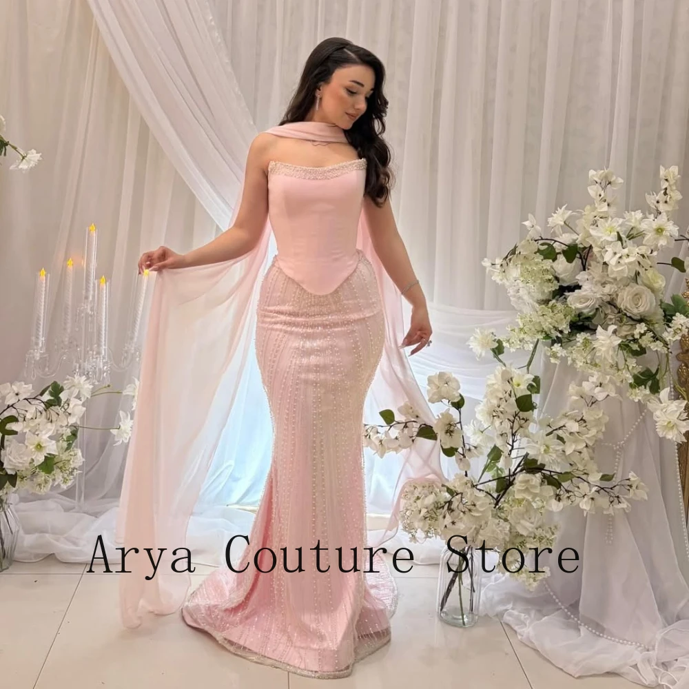 

Blush Pink Straight Neck Choker Draped Tulle Cape Waist Corset Beaded Sequin Mermaid Floor Length Formal Evening Wedding