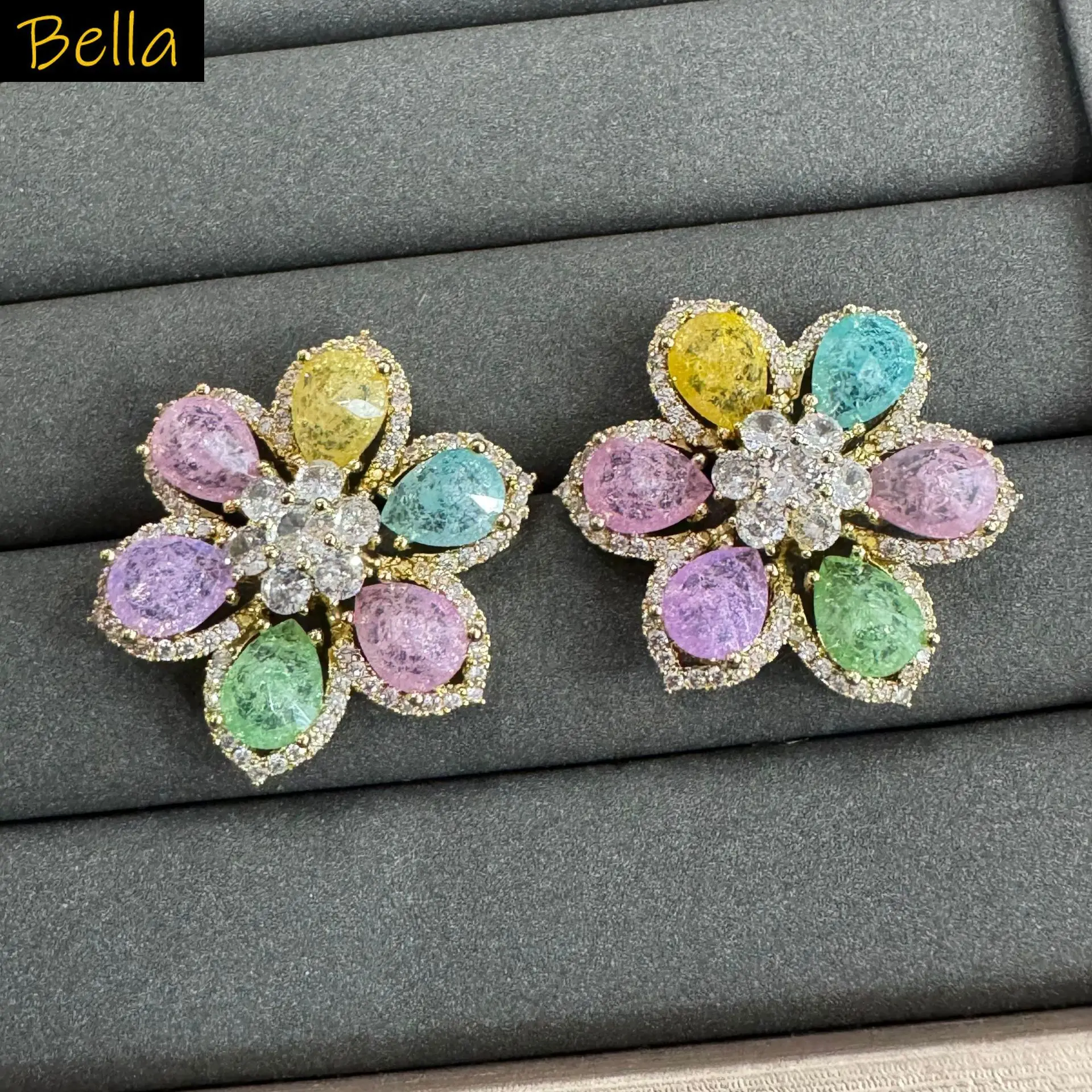 Ice Flower Effect Multi Color Flower Stud Earrings Cubic Zirconia Statement Jewelry for Banquet Party daily wear women gift