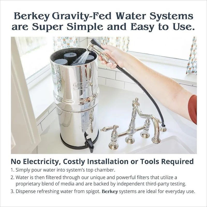 Big Berkey Gravity-Fed 스테인리스 스틸 조리대 정수 필터 시스템, 2.25 갤런, 정통 블랙 버키 요소 2 개, BB9-2