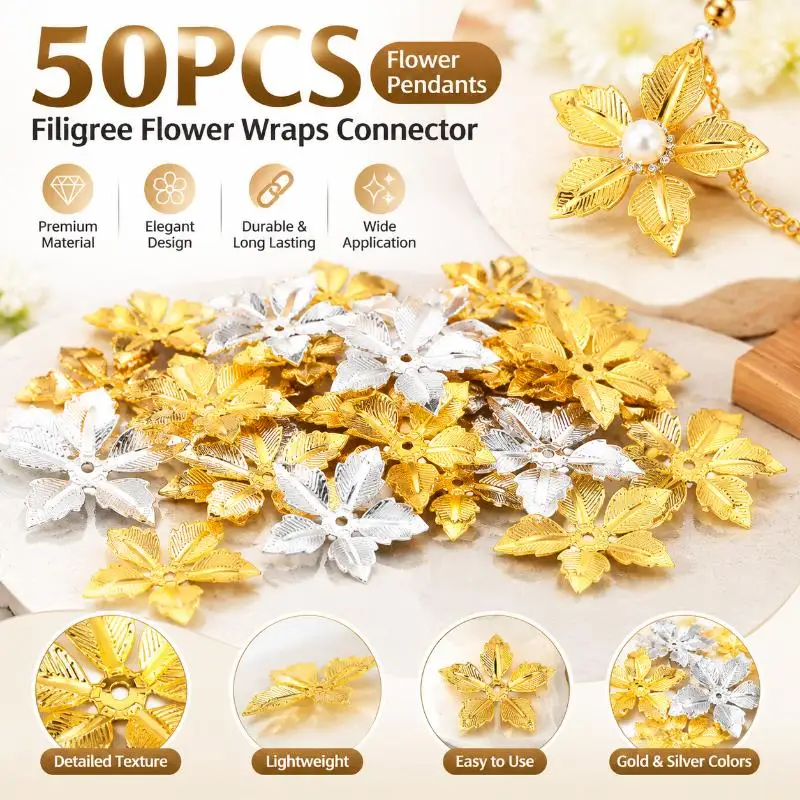 Bleifreie 50 Stück Antike Filigrane Blumen-Anhänger-Verbinder Perlenkappen für DIY Armband Ohrringe Bastelarbeiten – Detail 1
