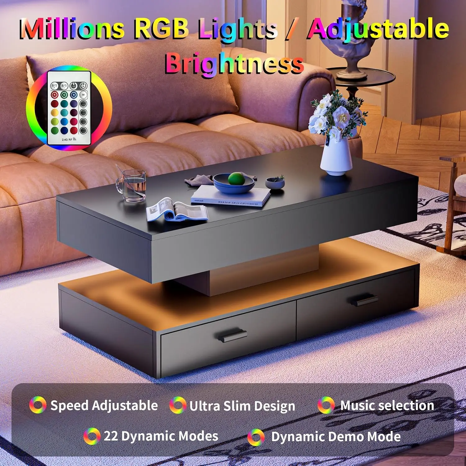 Mesa de centro grande de alto brilho de 47.2 "com 2 camadas, mesa de centro led para sala de estar, mesa central retangular com armazenamento oculto f