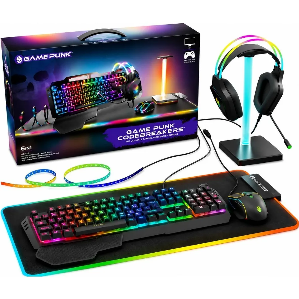 6-Piece RGB Gaming Set: Mech Keyboard, RGB Mouse, XL Pad, USB Hub, Headset, Light Strip