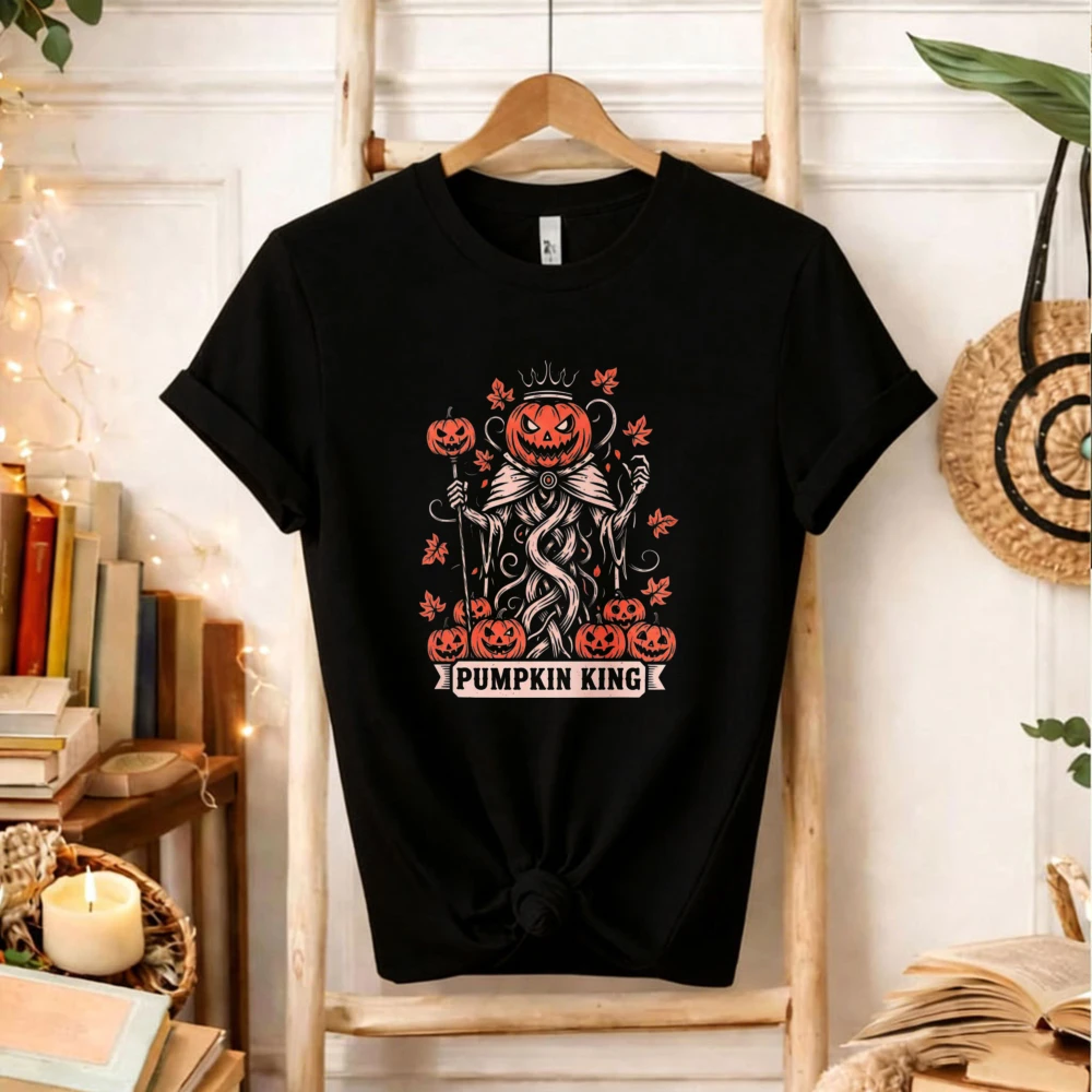Pumpkin King Halloween Graphic T‑Shirt Scary Crown Jack O Lantern Monster Skeleton Maple Leaf Spooky Gothic Fall Holiday Art Top