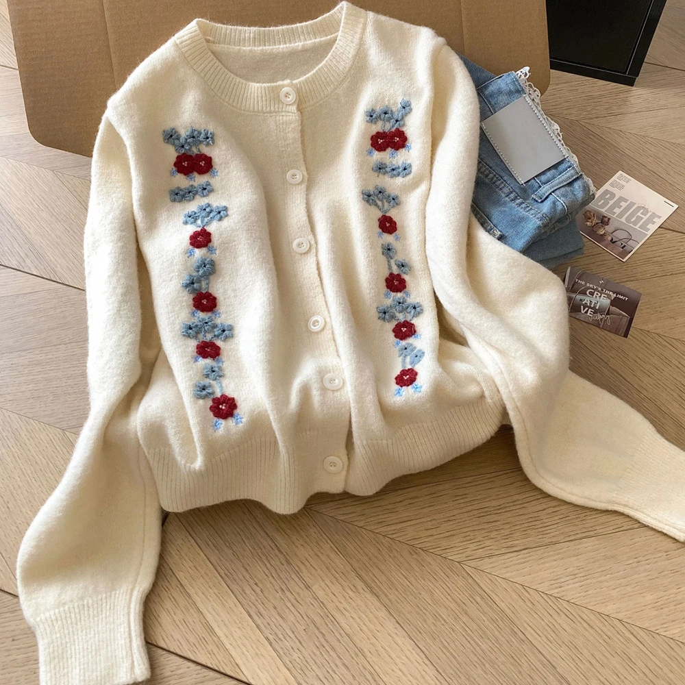 

3D Flower Embroided Sweater Outerwears Women Vintage O-Neck Single Breasted Loose Cardigans Knit All-Match Temperament Sweaters