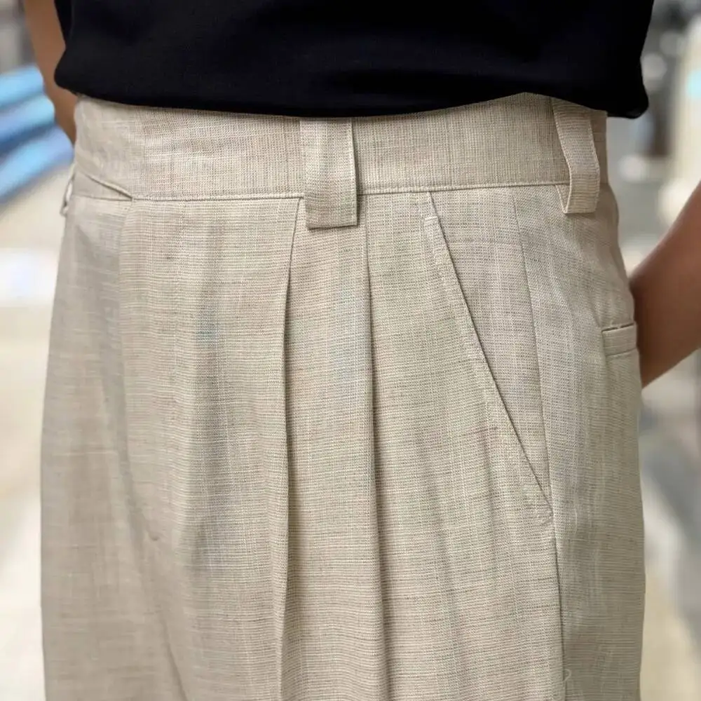 Linen Blend British Retro  Thin Straight Long Pant Double Pleats Men's Social Trousers Casual Wide-leg Pant For Men Formal Pant
