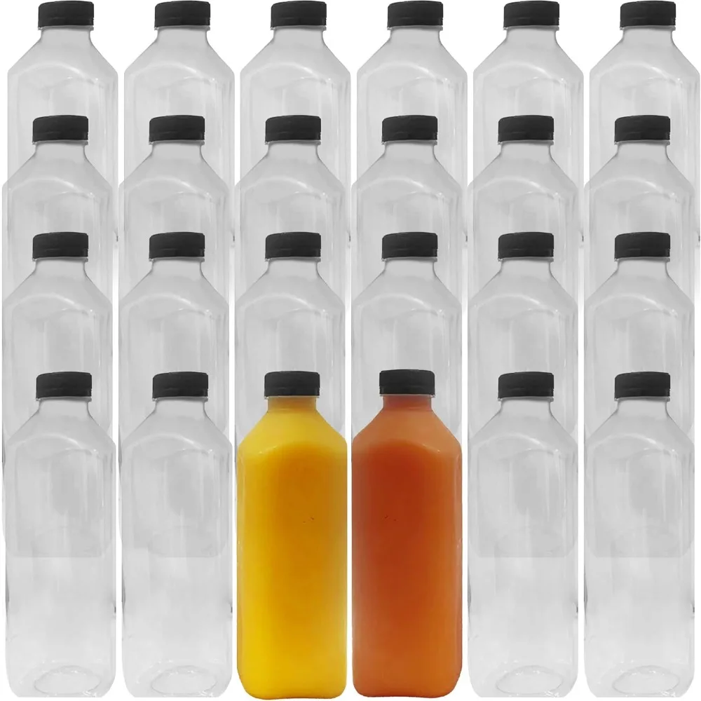 

XL Professional Grade Empty 33Oz Plastic Juice Bottles with Black Caps. 24 Pack for Orange, Apple, Cranberry and Other Fruit Jui