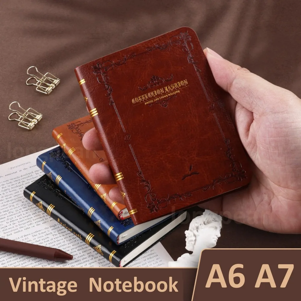 دفتر جلد صناعي صلب ، مطبوع عليه ذهب ساخن عتيق ، جيب محمول مدمج ، مذكرات ، مفكرة ، مستلزمات مدرسية ، A6 ، A7