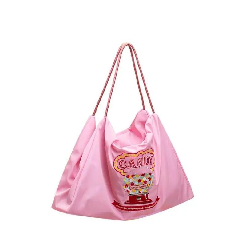 

New Nylon Cloth Embroidery Donut Shoulder Bag Handbags For Women 2022 Designer Luxury Sweet Pink Rope Large Capacity Tote