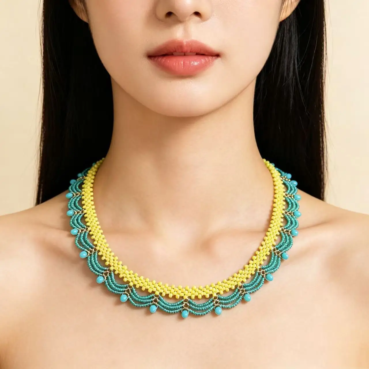 Handmade Woven Seed Bead Choker Necklace Color Block Wave Lace Trim Retro Holiday Boho Collar Jewelry For Women Beach Party Wear