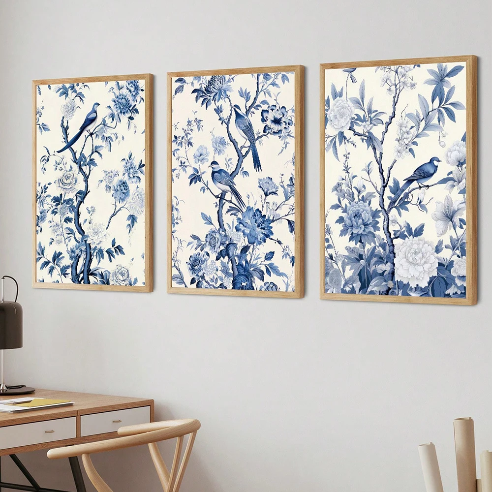 3 Pcs/Set, Unframed Canvas Print Painting Poster, Chinese Style, Blue, Bird, Tree Branch, Flower Room Home Decor Stuff, Wall Art