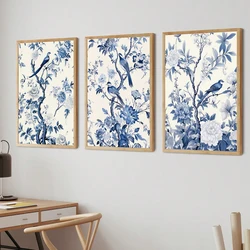 3 Pcs/Set, Unframed Canvas Print Painting Poster, Chinese Style, Blue, Bird, Tree Branch, Flower Room Home Decor Stuff, Wall Art