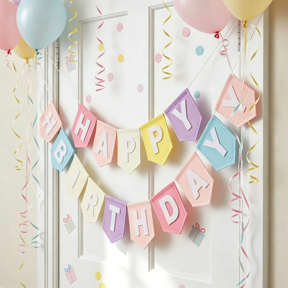 Filz-Geburtstagsgirlande, Banner, Makronen-Pastellfarben, Bunte Geburtstagsgirlande, Geburtstagsparty-Dekoration, Hintergrund – Detail 5