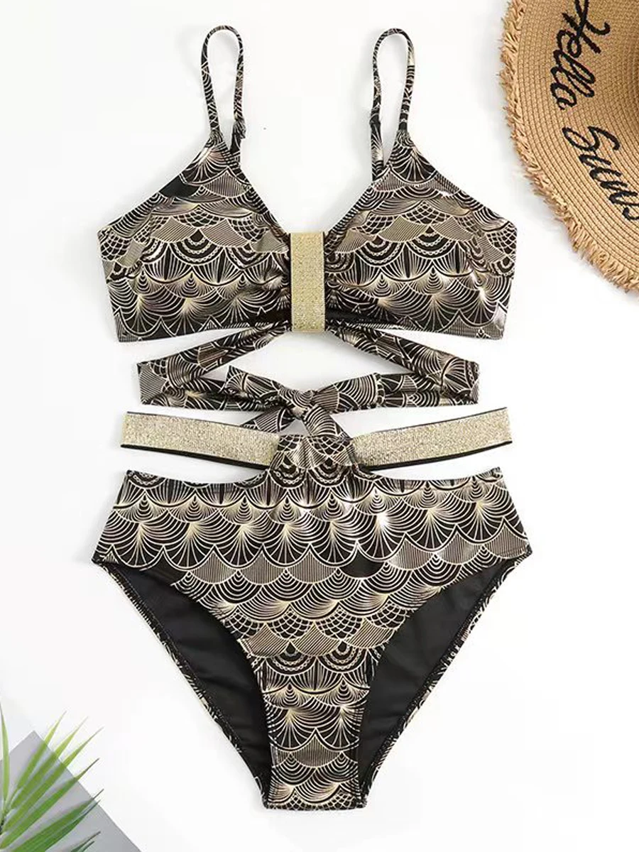 2025 Sexy Strape Bikini Donna Vita alta Costume da bagno dorato Stampa Costumi da bagno Bagnanti femminili Costume da bagno Cravatta posteriore Beachwear