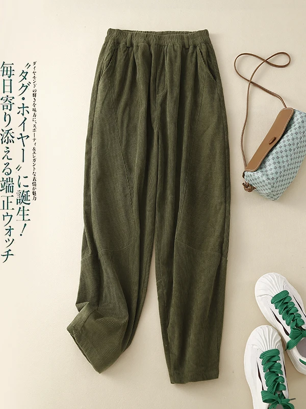 

Retro Full Cotton Corduroy Casual Harlan Pants Loose Elastic Waist Wide Leg Slimming Color Patchwork Long Trousers