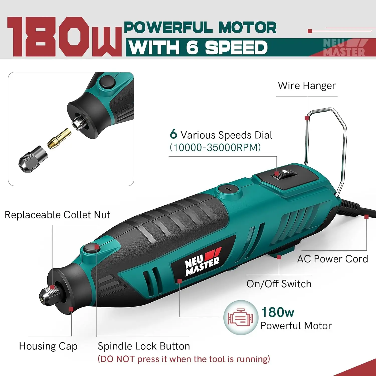 180 W Drehwerkzeugsatz mit 160 Zubehörteilen, 6 Geschwindigkeiten, 10.000–35000 U/min für Heimwerkerarbeiten