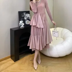 2024 Autumn Miyake New High-end French Loose Gold Sprinkled Dress Round Neck Long Sleeve Waist Slim Dresses Women's Clothing