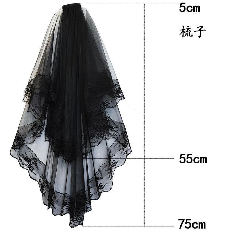 1PC Halloween Gothic Black Lace Two-Tier Veil with Comb Bride Cosplay Dark Wedding Party Hair Accessory