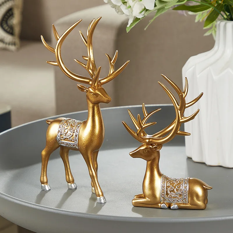 Resin Geometric Elk Sculpture Standing Gold Deer Statues Festival Reindeer Home Decor Living Room TV Cabinet Ornaments