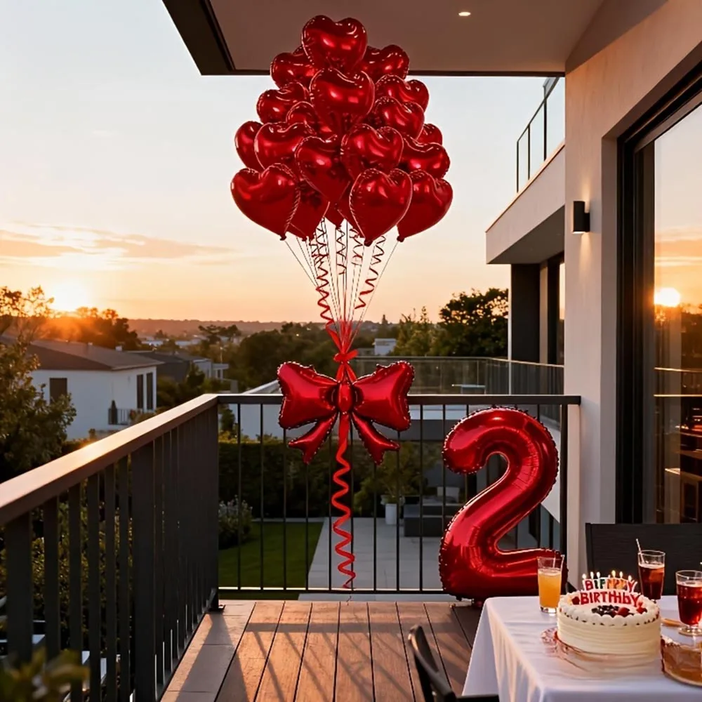 1 Set Rote Herz-Schleife Ballon-Set mit Roter Zahlen-Folienballon Valentinstag Hochzeit Jubiläum Geburtstag Party Dekoration