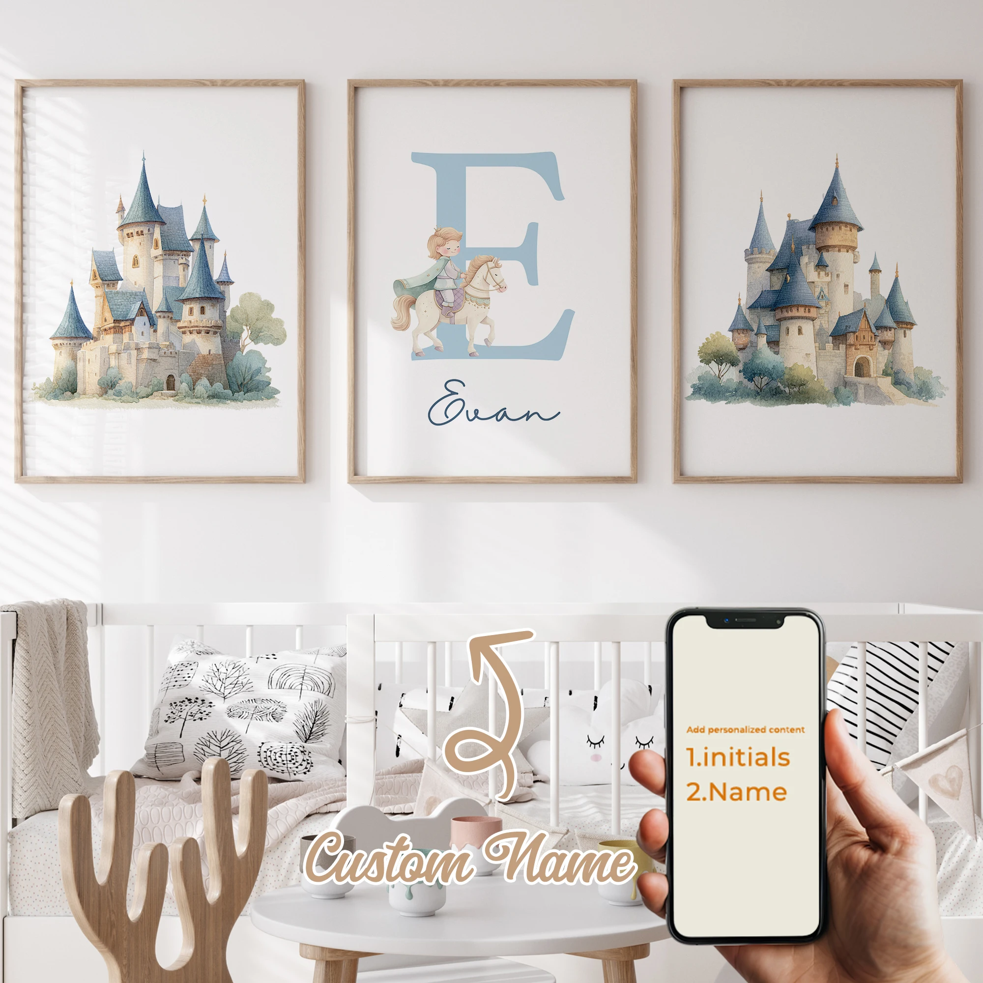 

3pcs Personalized Custom Name Cartoon Blue Castle Wall Art Print Picture Canvas Poster Painting For Living Room Home Decor