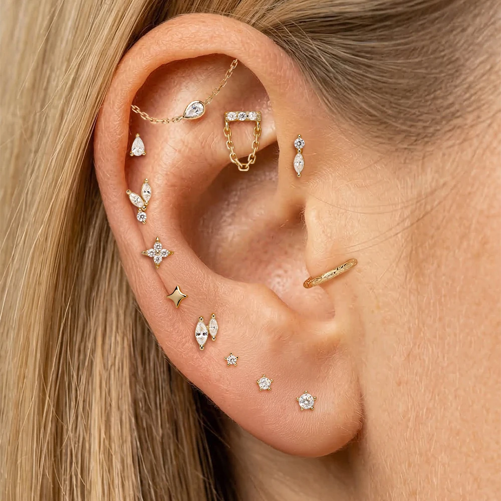 AIDE 14K Solid Gold Sparkling Star/Koi Fish/Crown Women's Cartilage Helix Piercing Multi Sized Flat Back Jewelry Gifts for Her