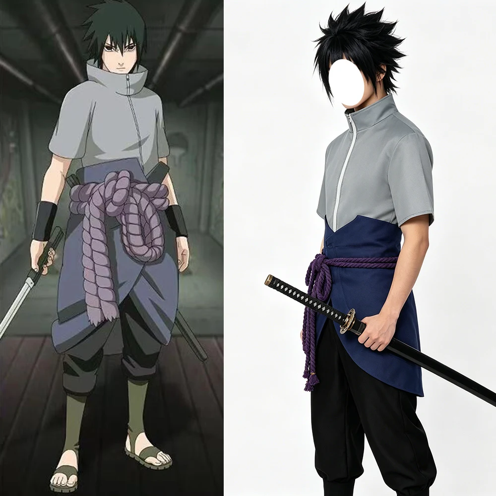 Disfraz de Cosplay de Anime Uchiha Sasuke, Top, Pantalones, Cinturón, Regalo para Convento de Cosplay, Versión Adulto Unisex