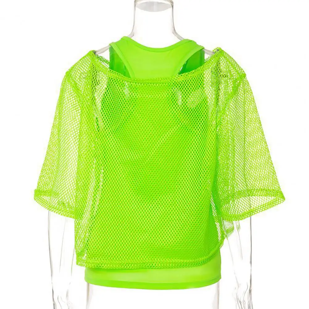 Mesh Shirt Vest Set Neon Bright Mesh Top Tank Top Women's Bright Color Mesh Top Vest Set with Short Sleeve O-neck for Sexy