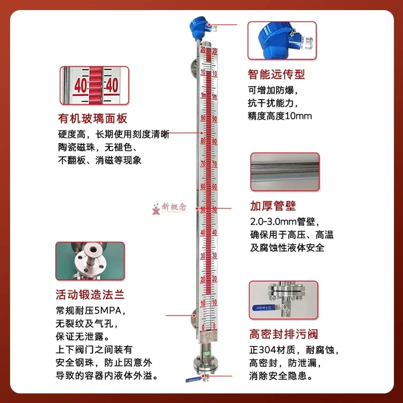 Magnetic flap level gauge with remote buoy stainless steel pp sensor