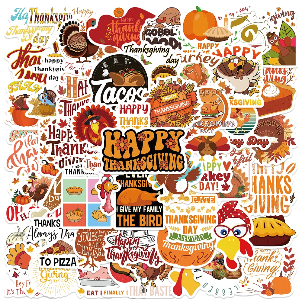 50PCS Cartoon Festival Turkey Stickers Thanksgiving Days DIY Decals For Skateboard Fridge Luggage Laptop Animals Toy Stickers