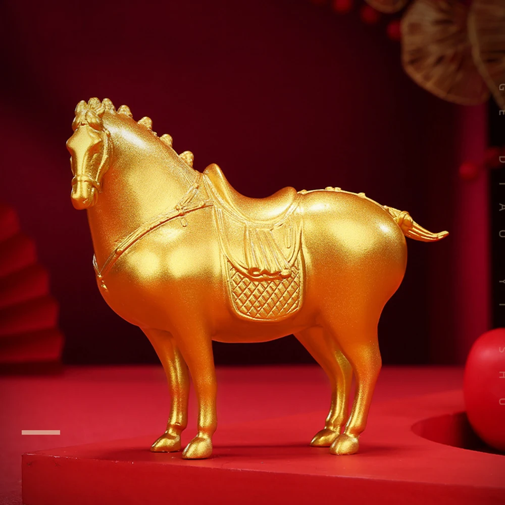

Gilded copper horse ornament, Brass Tang dynasty horse statue, Office desktop feng shui ornaments, home decoration crafts