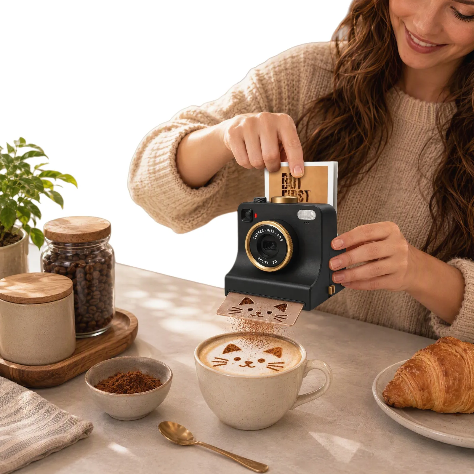 3D Printed Latte Art Camera One‑Touch Coffee Printer with 8 Stencil Cards Miniature Instant Camera Coffee Stencils Latte Art