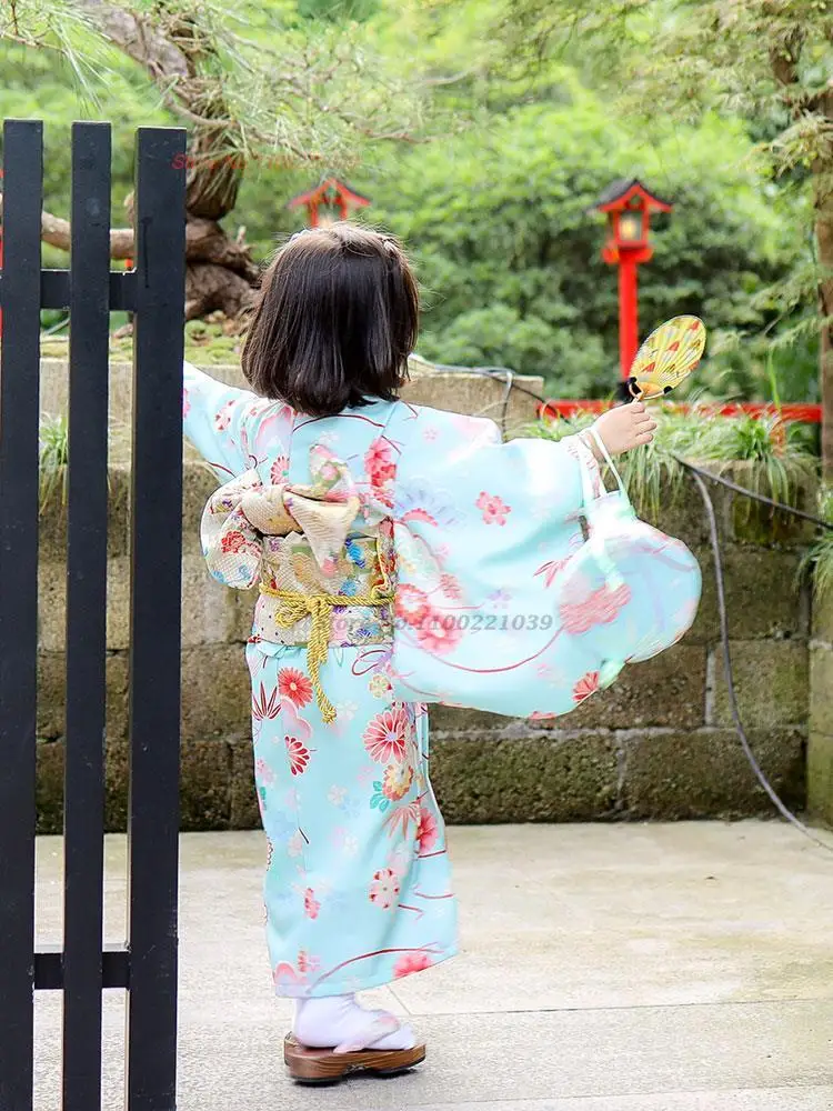 2024 japanese traditional yukata kimono children evening dress geisha flower print kimono dress festival show cosplay costume