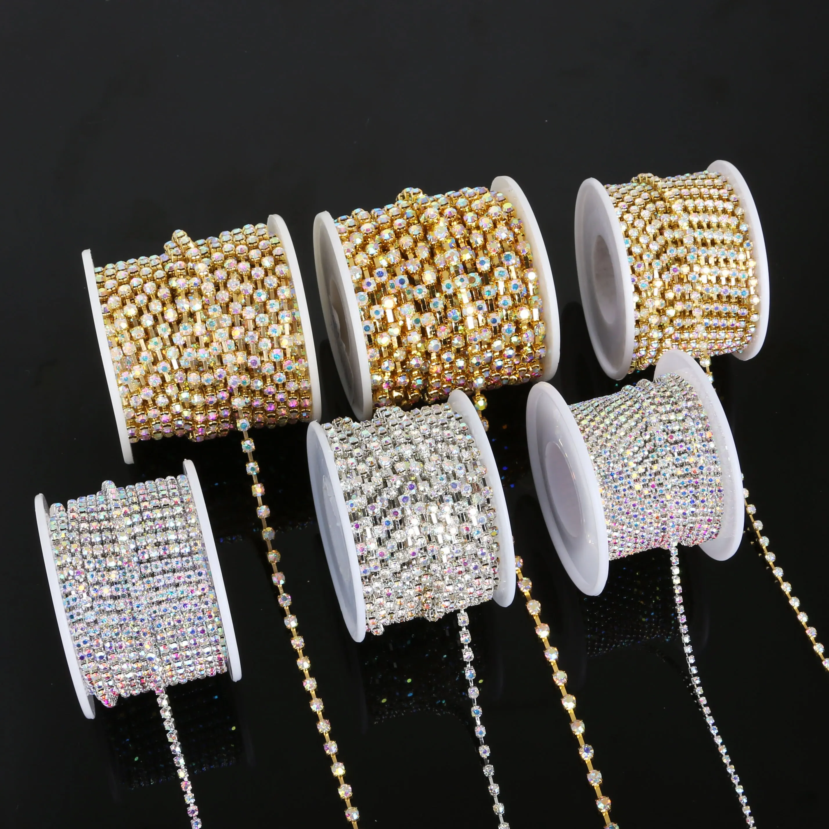 2mm SS6Crystal Water Diamond Chain Glass Diamond Gold and Silver Bottom Mobile Phone Rod Diamond Chain DIY Wedding Jewelry