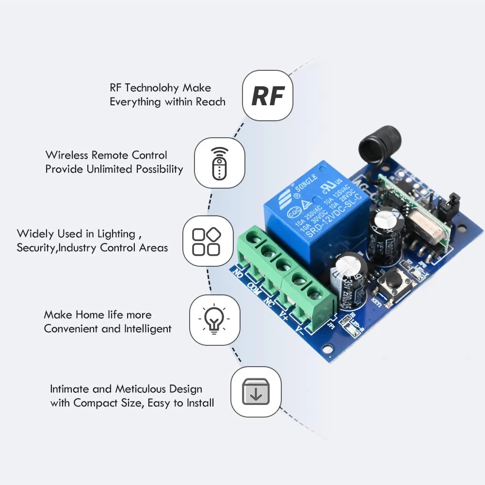 RF 433HMZ Remote Control Smart Switch KIT DC 12V Wireless Momentary Switch Wireless Relay Transmitter with Receiver for Home Use