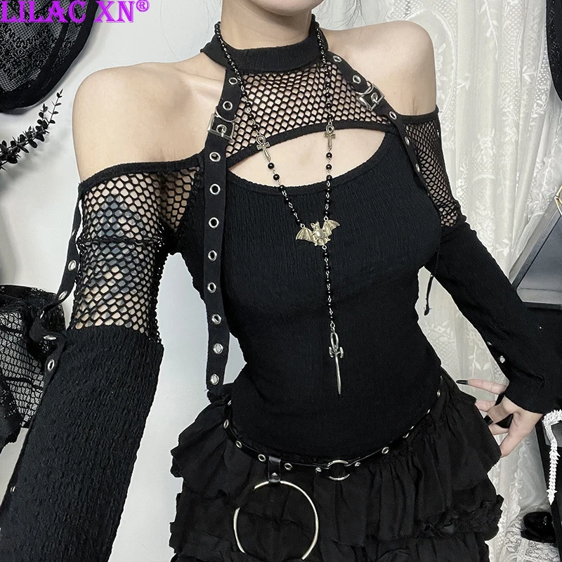 Goth Black Lace Mesh Off-Shoulder Flared Sleeve T-Shirts Y2K Patchwork Slim Women Autumn Tops New Fashion Tees Streetwear