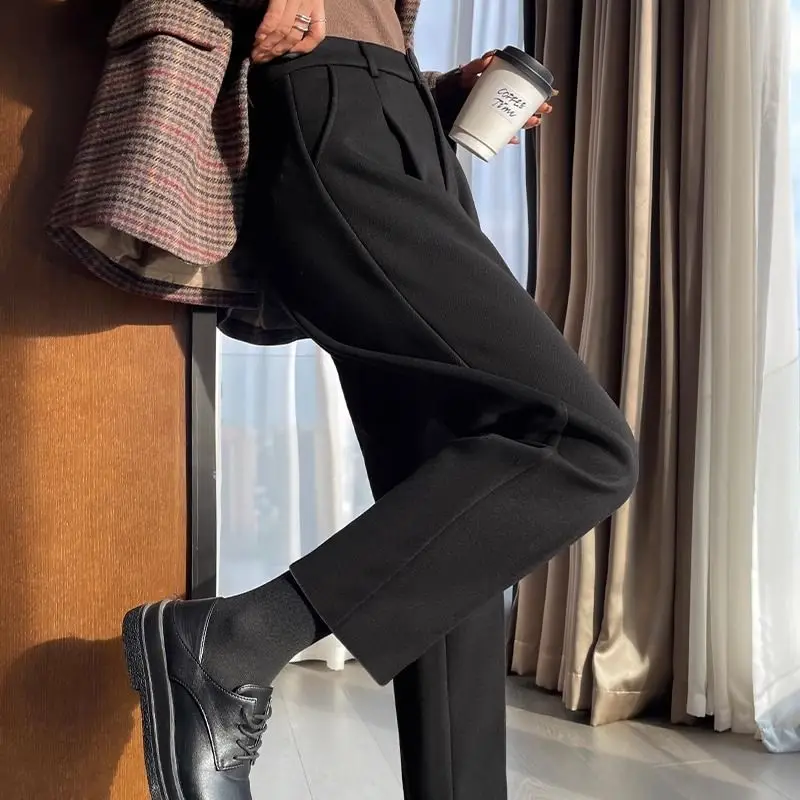 Solid Pockets Button Elastic High Waist Fashion Straight Thicken Ankle Length Trousers Simplicity Autumn Women Woolen Suit Pants