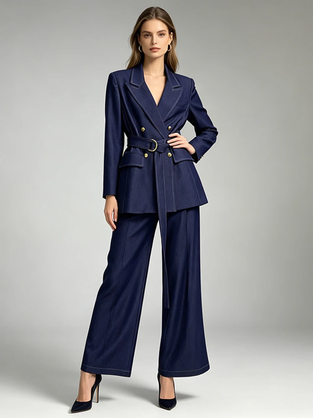 Modphy Elegant Long Sleeved Blazer+Pants Suit Sets Autumn Solid Color Commuting Outfit Women's Temperament Slim Two Piece Set