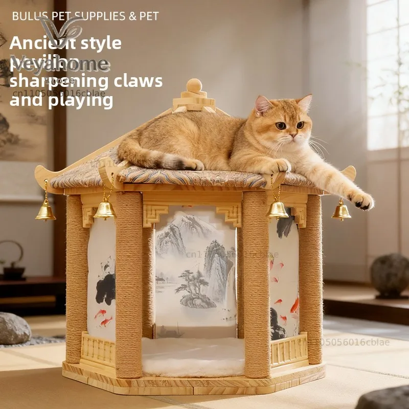Antique style cat climbing frame nest integrated hemp rope column anti-scratch and anti-hair removal solid wood all-wood
