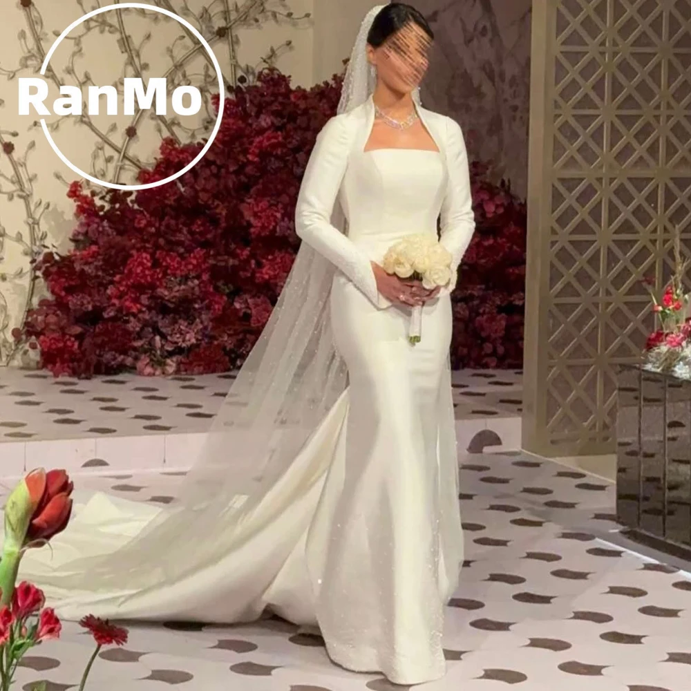 Ranmo Customized Simple 2027 Off-White Square Collar Full Sleeve Satin Pleated Straight vestido de noiva Sweep Train Bridal Gown