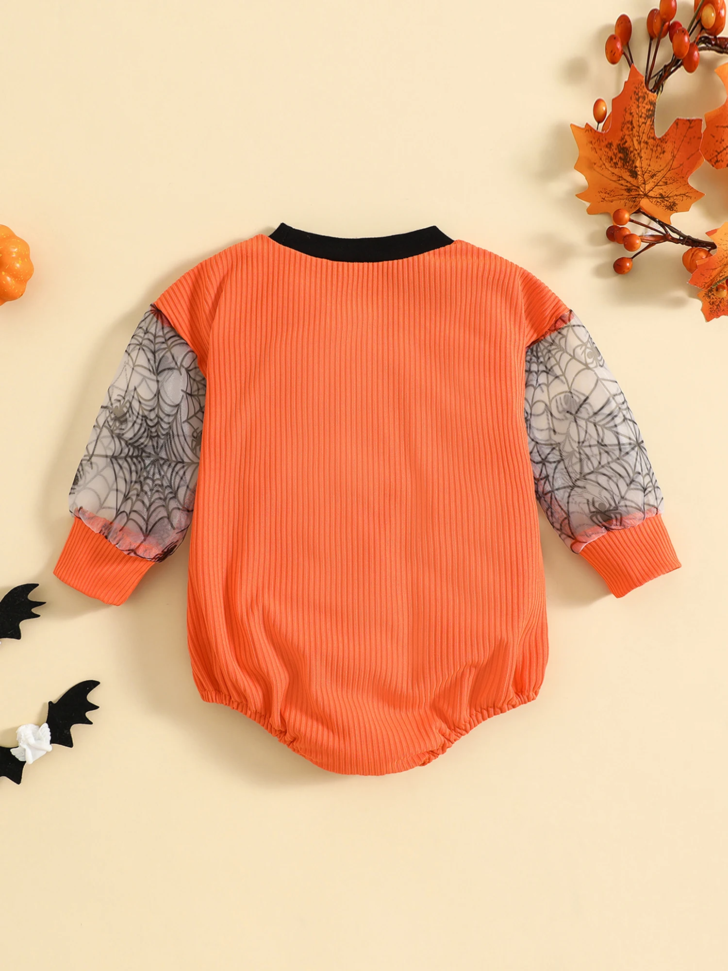 Halloween-Kostüm-Overall mit Kürbisaufnäher für Kleinkinder, Netzärmeln und rundem Ausschnitt für Neugeborene – bezauberndes Baby-Outfit