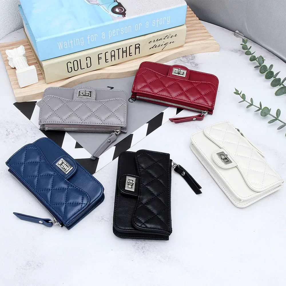 Sheepskin small fragrant short change storage Fashion embroidered diamond check coin bag card ID zipper wallet