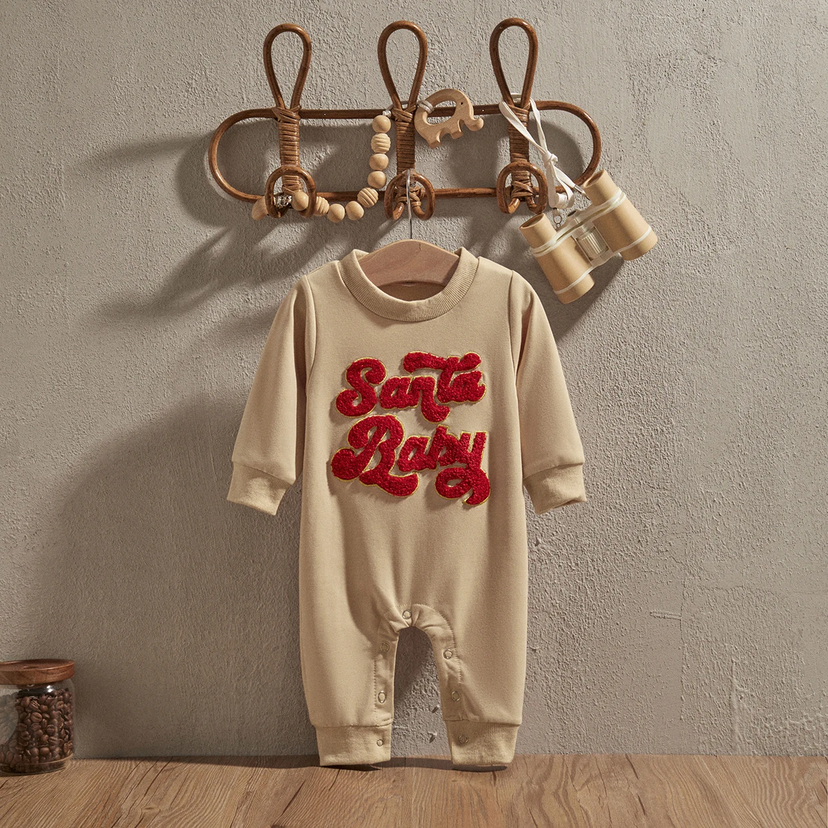 EWODOS Baby Long Sleeve Rompers Newborn Casual Fuzzy Christmas Letter Embroidery Round Neck Bodysuit Infant Loose Fit Jumpsuits