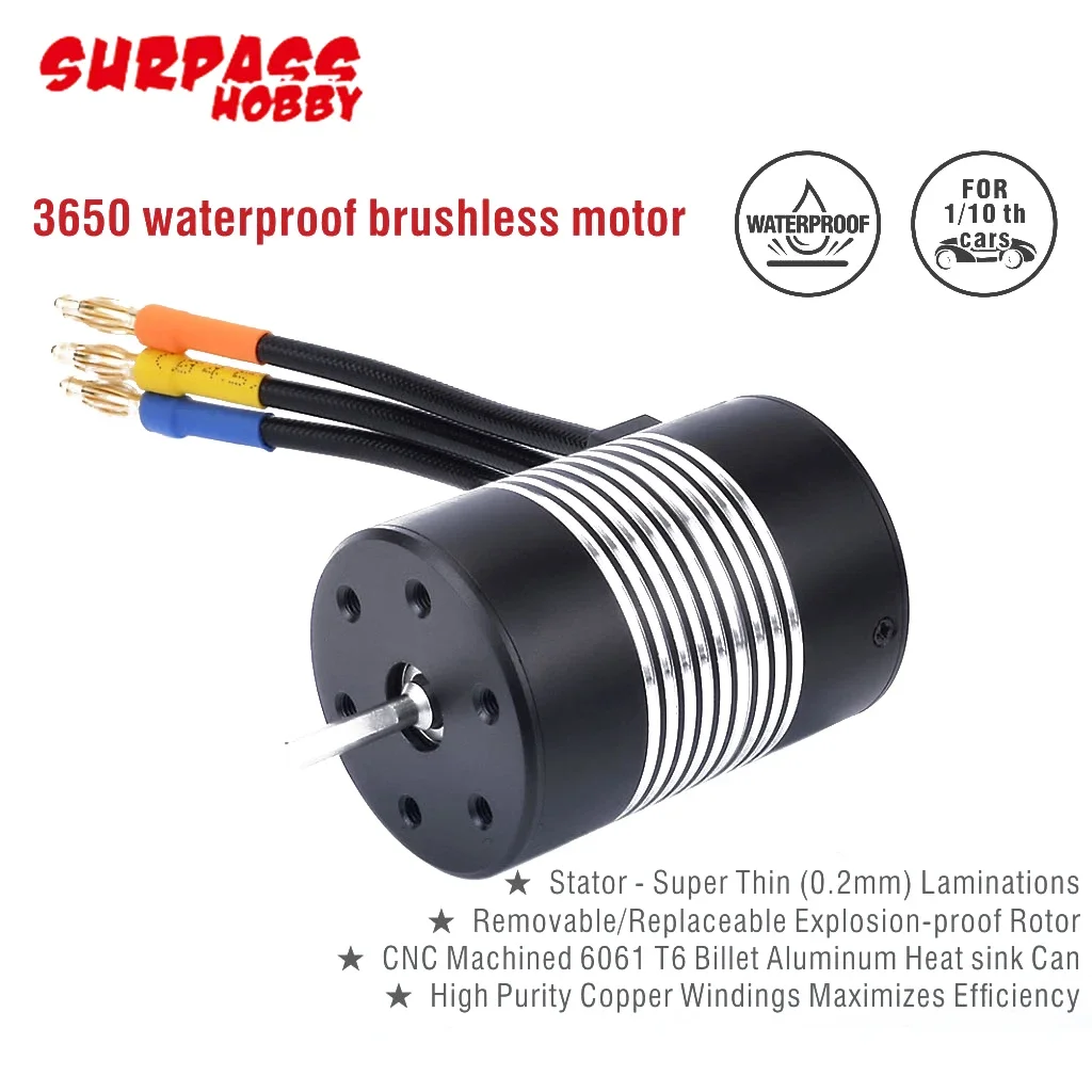 RoRuSSurpass Hobby Rocket Waterproof 3650 4-Pole 900W 3.175mm Shaft Brushless Motor For 1/10 1/12 Rc Car Boat HSP Traxxas WLtoys