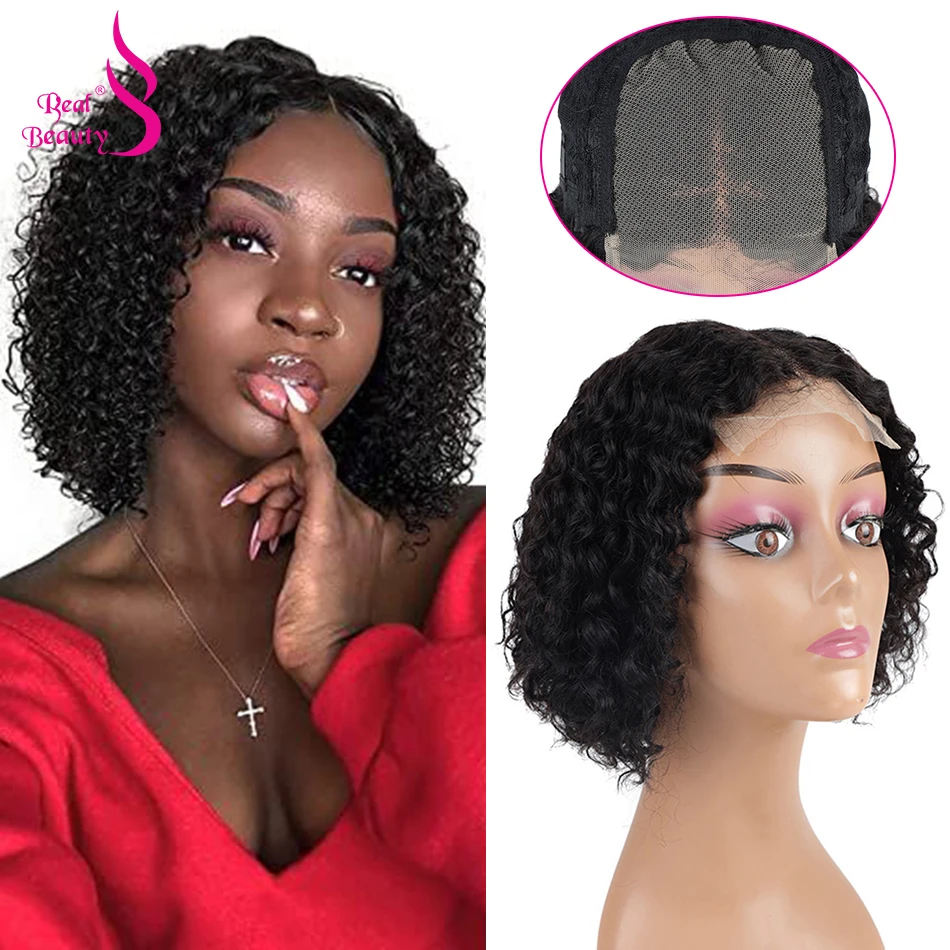 

Парик Джерри Кудрявый Боб Человеческие Волосы 4x4 Кружевная Застежка Натуральный Цвет для Чернокожих Женщин Кудрявые Вьющиеся Парики 10 дюймов 150% Плотность Средняя Часть