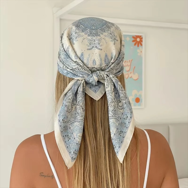 Luxury Printing Silk Square Scarf Women Neck Hair Tie Band Beach Hijab Kerchief Head with Versatile Neck-wearing and High-end