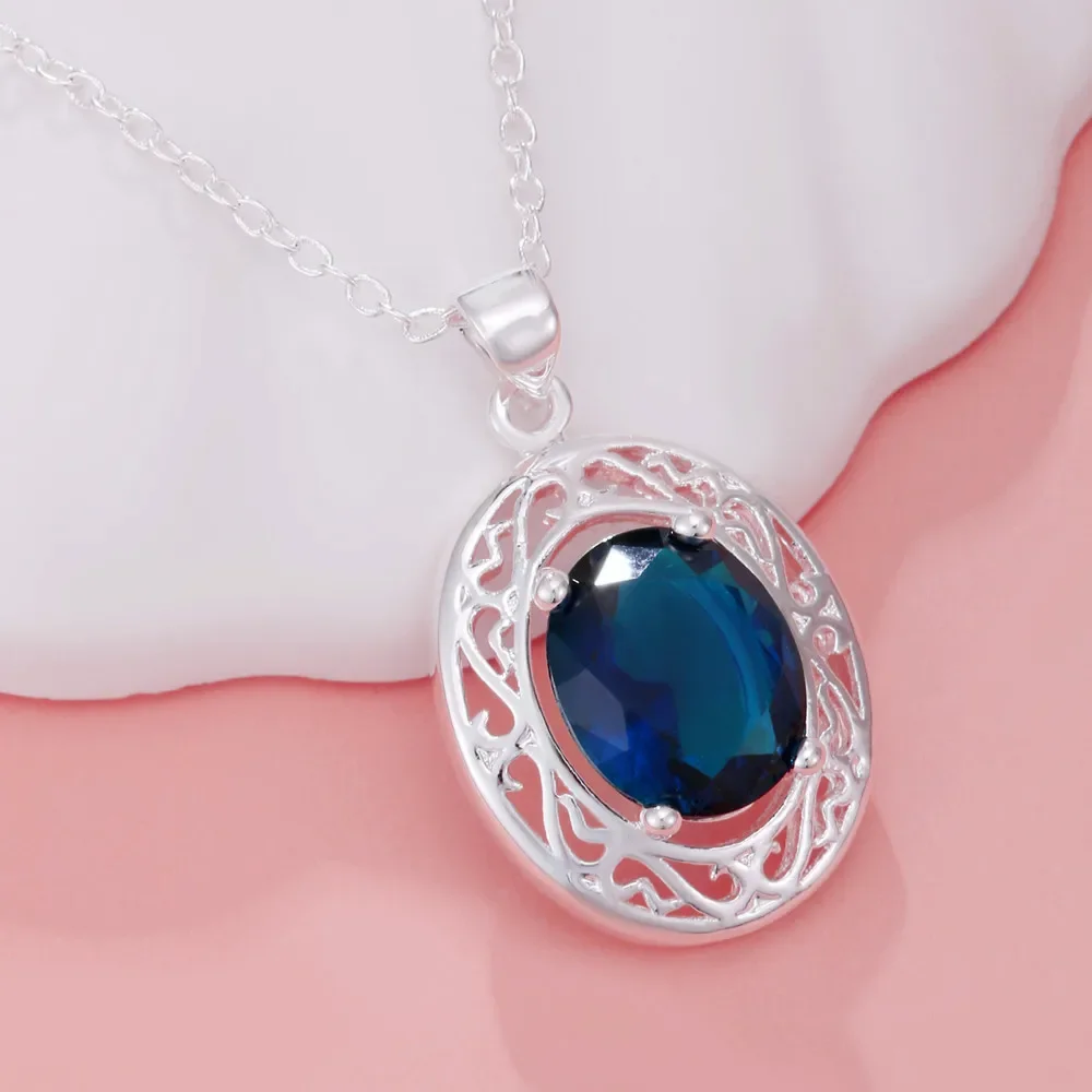 45cm 925 Sterling Silver Pretty Blue Crystal Zircon Necklaces For Women fashion party wedding engagement Jewelry holiday gifts
