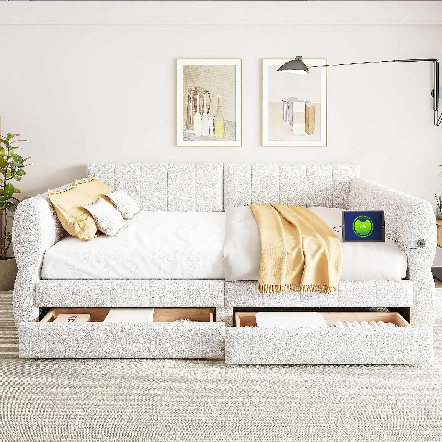 Upholstered Queen Daybed Frame With Drawers & USB Port, Customized