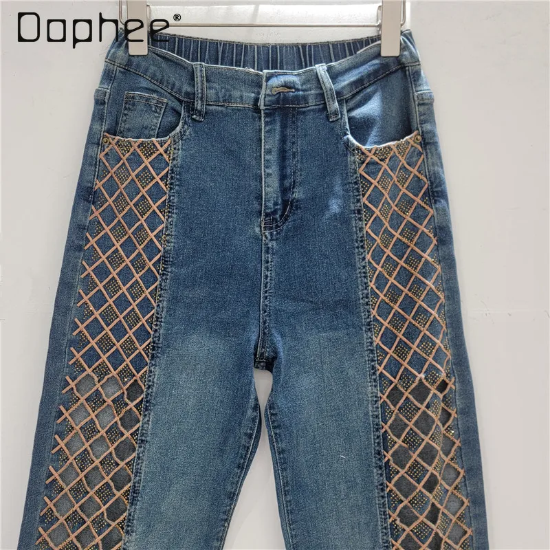 

Fashion Heavy Embroidery Hollow Out Rhinestone Jeans Women Commuter Style Trendy High Waist Slim Straight Pants Oversized Jeans