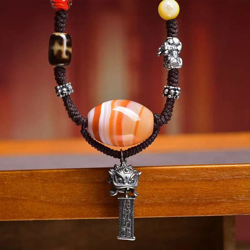 قلادة عقيق قديمة الزائفة الجينسنغ الفضة القوات الشجاعة Xingshi الملونة الصقيل العين الخرز اكسسوارات حبل مضفر #3