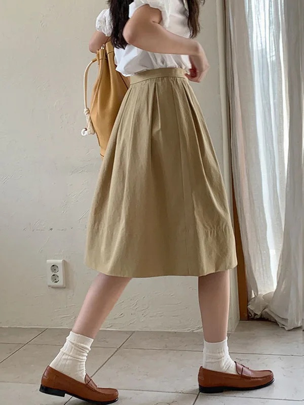 Khaki Retro Half-length Skirt Women's 2026 Summer New Design Slimming Midi High Waist College Style Umbrella Skirt